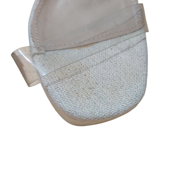 JustFab 8 Platform Block Heel Clear Strap Sandals Gold Glitter Linen Bridal Chic - Picture 9 of 10